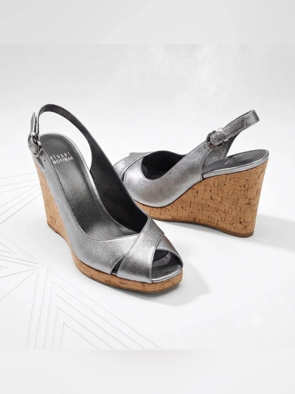 Stuart Weitzman Metallic Silver Cork Wedge Slingback Peep-Toe Sandals